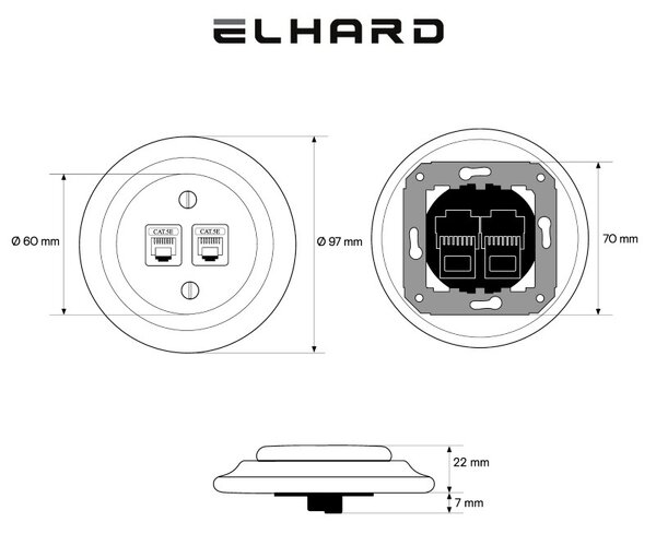 Elhard Kulatá keramická zásuvka 2xRJ45, bílá KV2022W