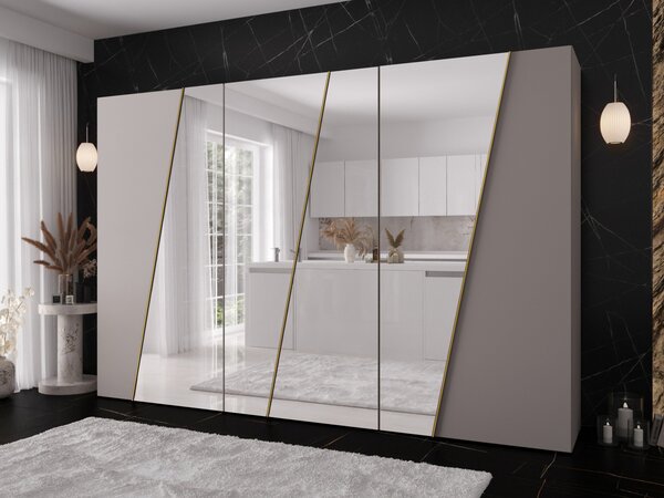 Moderní skříň se zrcadlem Grelipt 4L 300 cm, Barva: kašmír / kašmír + zlatá 5903211532436