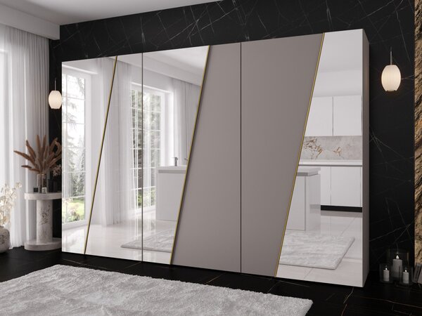 Moderní skříň se zrcadlem Grelipt 4L 300 cm, Barva: kašmír / kašmír + zlatá 5903211532436