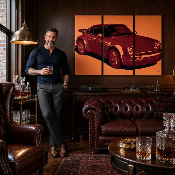 Ručně malovaný obraz POP Art s motivem PORSCHE 911, 3 díly. - 60x40 cm