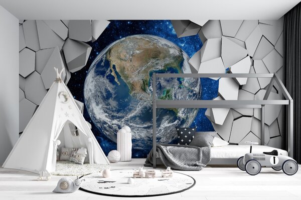 Fototapeta Planeta Země se prodírá dírou ve zdi, 3D fototapety, Populární fototapety, u77808 - Tapeko.co.cz