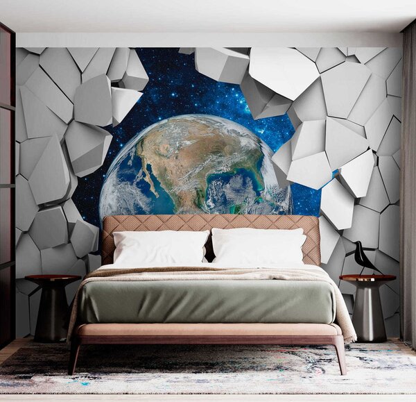Fototapeta Planeta Země se prodírá dírou ve zdi, 3D fototapety, Populární fototapety, u77808 - Tapeko.co.cz
