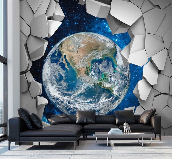 Fototapeta Planeta Země se prodírá dírou ve zdi, 3D fototapety, Populární fototapety, u77808 - Tapeko.co.cz