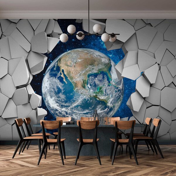 Fototapeta Planeta Země se prodírá dírou ve zdi, 3D fototapety, Populární fototapety, u77808 - Tapeko.co.cz