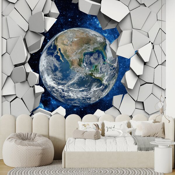 Fototapeta Planeta Země se prodírá dírou ve zdi, 3D fototapety, Populární fototapety, u77808 - Tapeko.co.cz