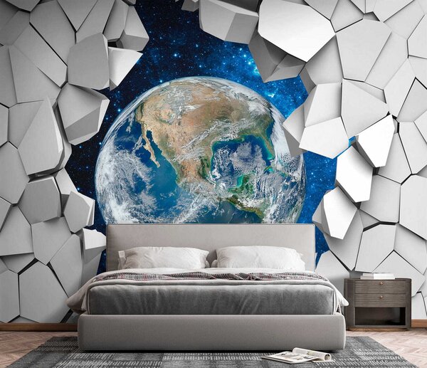 Fototapeta Planeta Země se prodírá dírou ve zdi, 3D fototapety, Populární fototapety, u77808 - Tapeko.co.cz