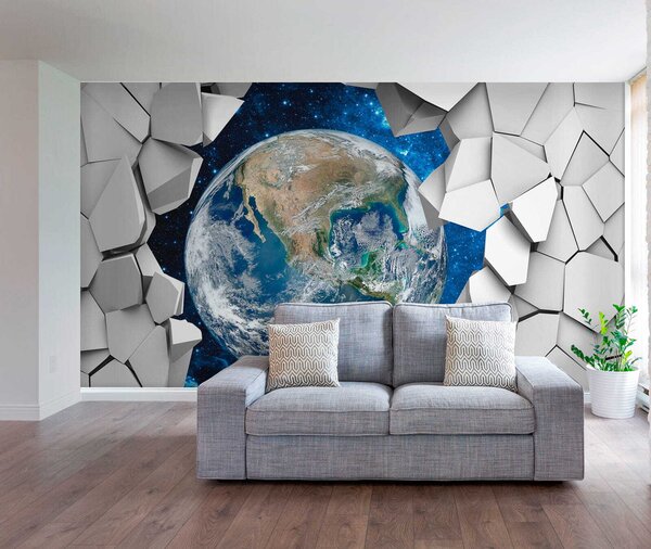 Fototapeta Planeta Země se prodírá dírou ve zdi, 3D fototapety, Populární fototapety, u77808 - Tapeko.co.cz