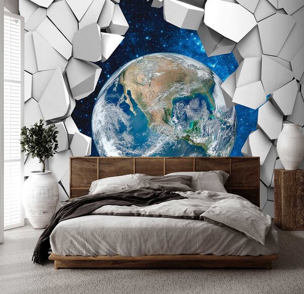 Fototapeta Planeta Země se prodírá dírou ve zdi, 3D fototapety, Populární fototapety, u77808 - Tapeko.co.cz