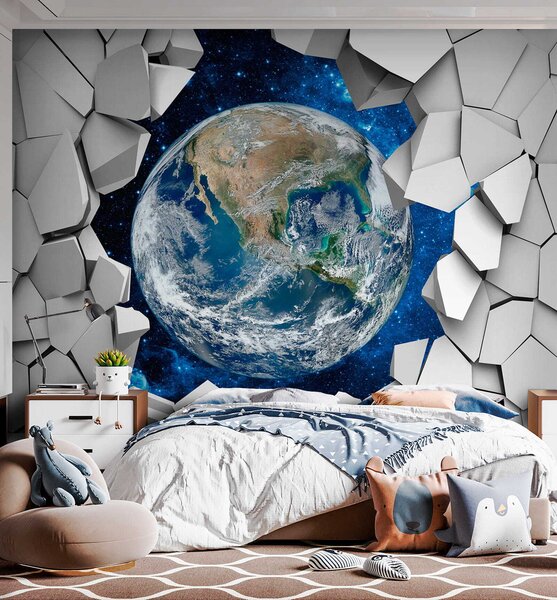 Fototapeta Planeta Země se prodírá dírou ve zdi, 3D fototapety, Populární fototapety, u77808 - Tapeko.co.cz