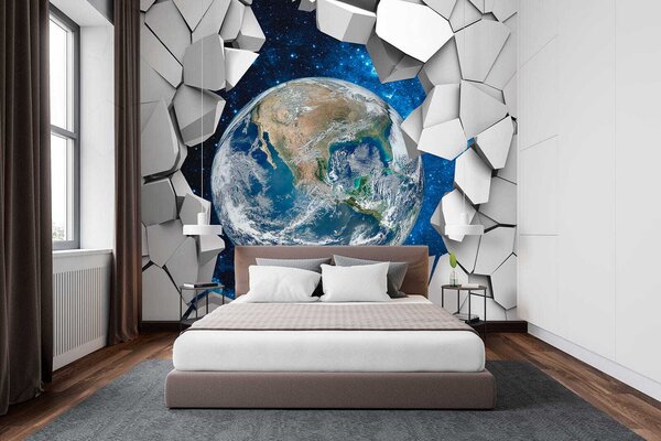 Fototapeta Planeta Země se prodírá dírou ve zdi, 3D fototapety, Populární fototapety, u77808 - Tapeko.co.cz