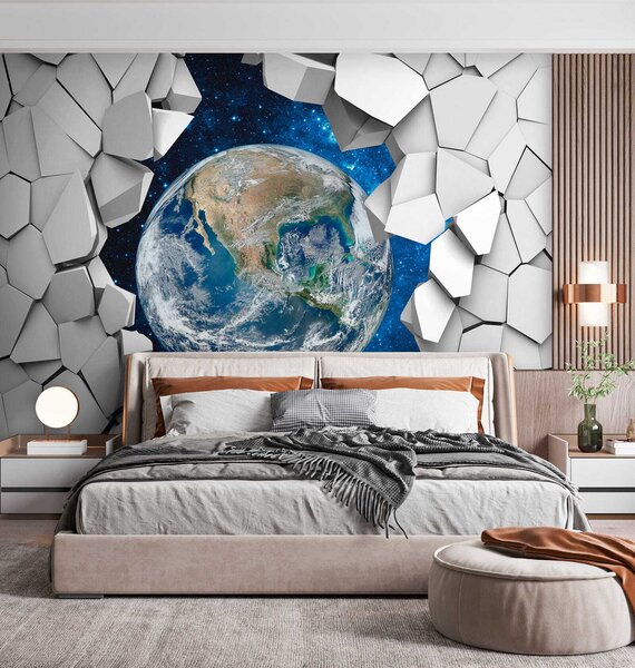 Fototapeta Planeta Země se prodírá dírou ve zdi, 3D fototapety, Populární fototapety, u77808 - Tapeko.co.cz