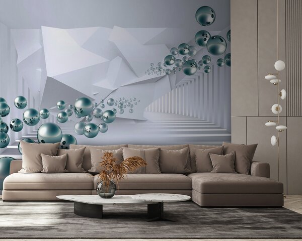 Fototapeta Bílá místnost s bílými stěnami, bílými sloupy a stříbrnými koulemi, 3D fototapety, Populární fototapety, u77920v3 - Tapeko.co.cz