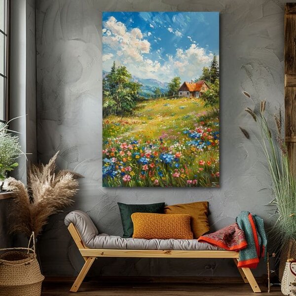 Obraz krajiny na plátně Chalupa na horách | dotaženo rukou umělce - 40x60 cm