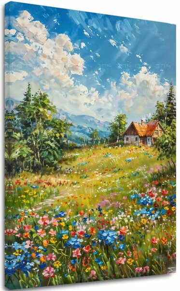 Obraz krajiny na plátně Chalupa na horách | dotaženo rukou umělce - 40x60 cm