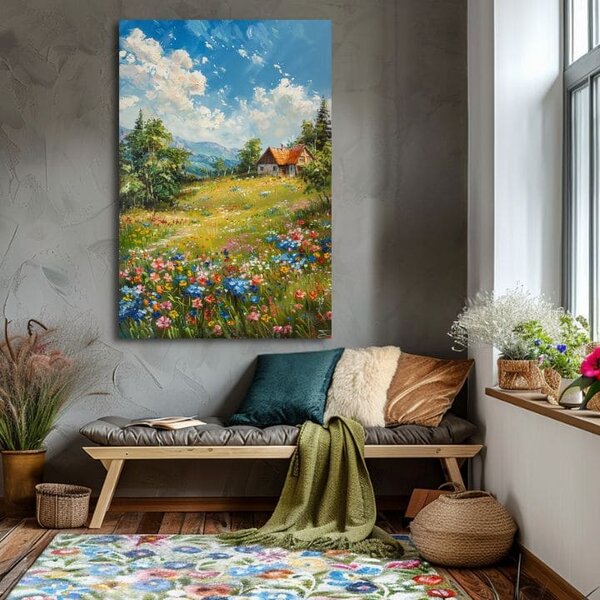 Obraz krajiny na plátně Chalupa na horách | dotaženo rukou umělce - 40x60 cm