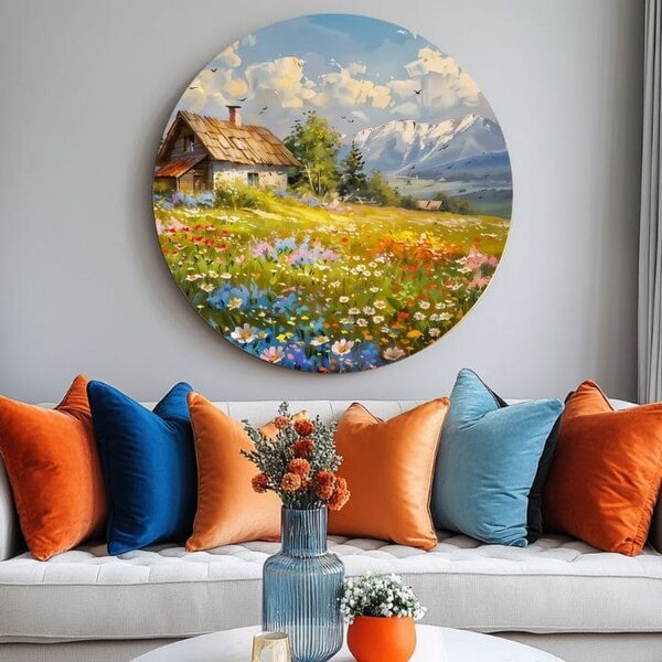 Kulaté malby akrylem Horská chata - 60 cm