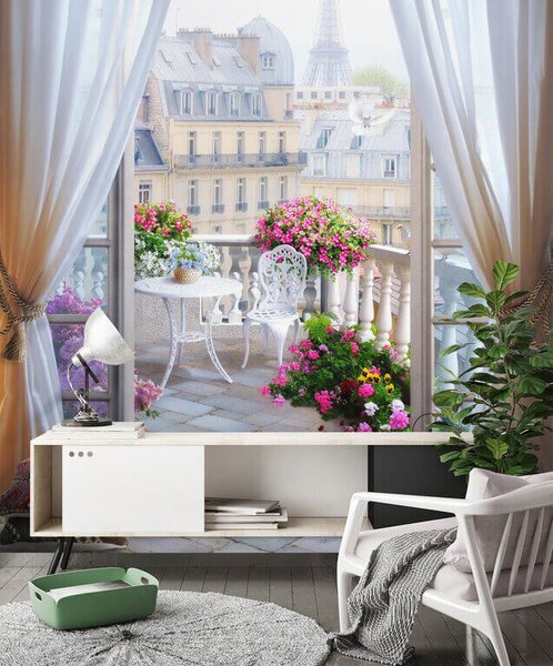 Fototapeta Balkon s výhledem na Eiffelovu věž, Fototapety s okny, Populární fototapety, u79425 - Tapeko.co.cz