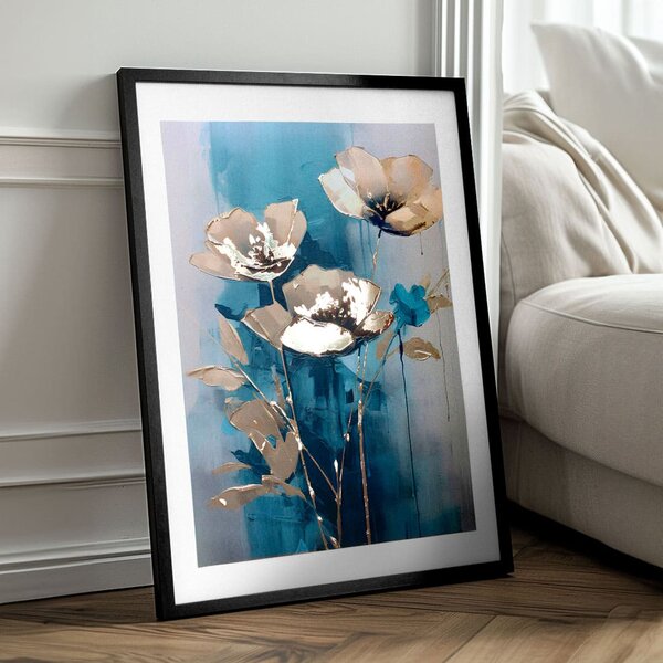 Nástěnný plakát s EXTRA efektem - Teal KVĚTINY - 40x60 cm
