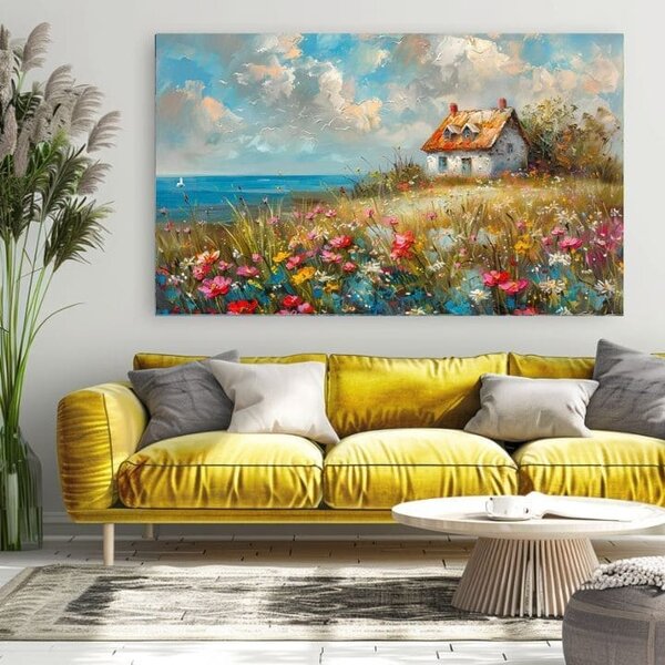 Obraz krajiny na plátně Venkovský dům v květinách | dotaženo rukou umělce - 40x60 cm