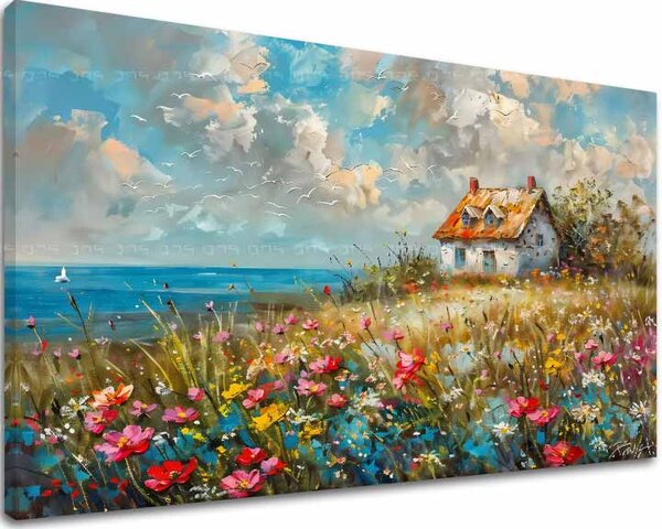 Obraz krajiny na plátně Venkovský dům v květinách | dotaženo rukou umělce - 40x60 cm
