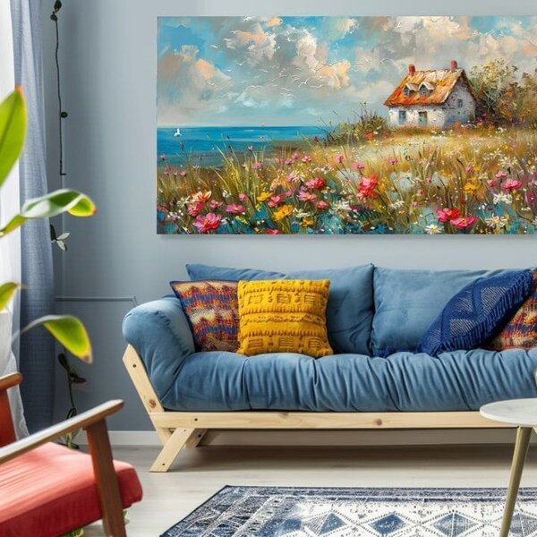 Obraz krajiny na plátně Venkovský dům v květinách | dotaženo rukou umělce - 40x60 cm