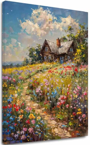 Obraz na plátně Chata v poli květin | dotaženo rukou umělce - 40x60 cm