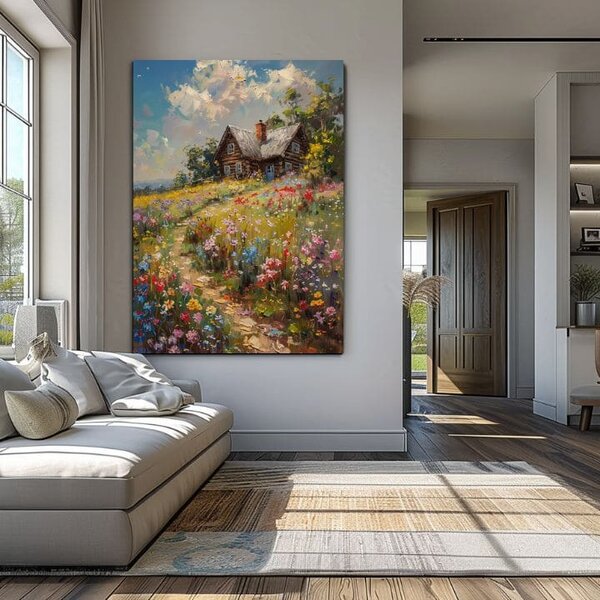 Obraz na plátně Chata v poli květin | dotaženo rukou umělce - 40x60 cm
