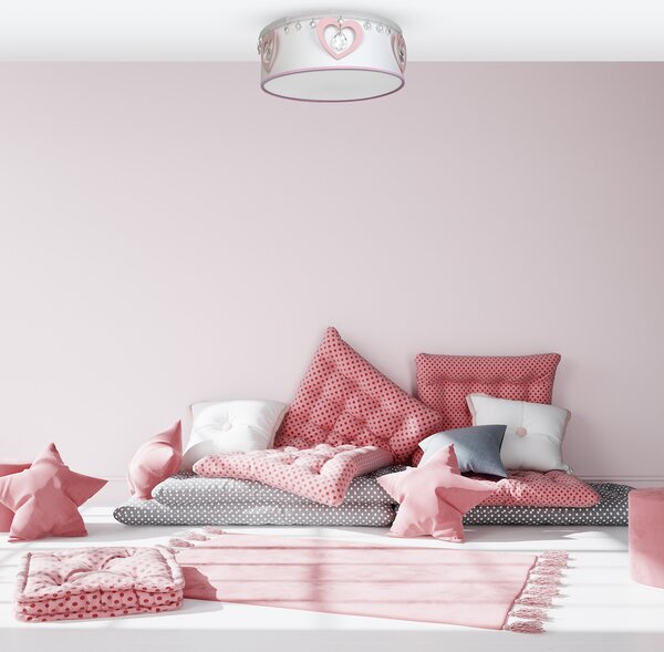 Dětské stropní svítidlo Heart, 1x bílé/růžové textilní stínítko