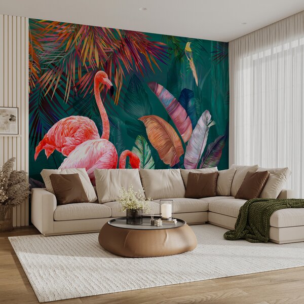 Fototapeta Plameňáci a barevné listy, 3D fototapety, Populární fototapety, u80403 - Tapeko.co.cz