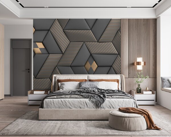 Fototapeta Geometrická elegance v šedé a mosazné barvě, 3D fototapety, Populární fototapety, u93413 - Tapeko.co.cz