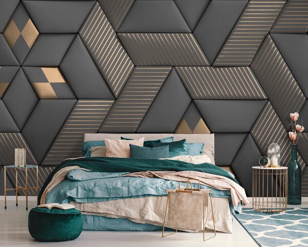 Fototapeta Geometrická elegance v šedé a mosazné barvě, 3D fototapety, Populární fototapety, u93413 - Tapeko.co.cz