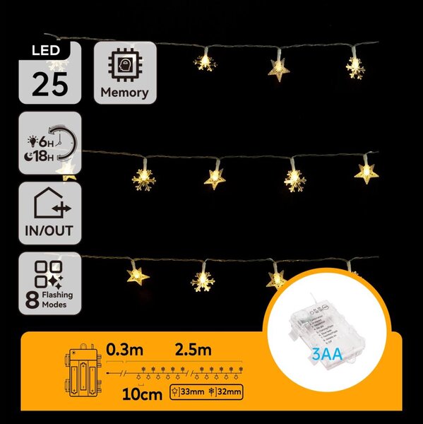Aigostar - LED Ven. ván. řetěz 25xLED/8 funkcí 3xAA 2,5m IP44 teplá bílá hvězdy