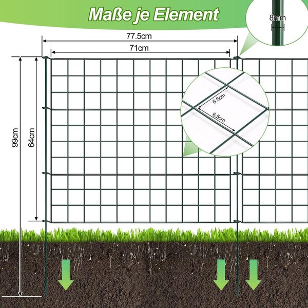 Ohrádka pro jezírko - Ohrádka pro psy - 10 prvků a 12 kolíků - Kov - Zapichovací plot - 77,5 x 64 cm - Pro zahradu a domácí zvířata