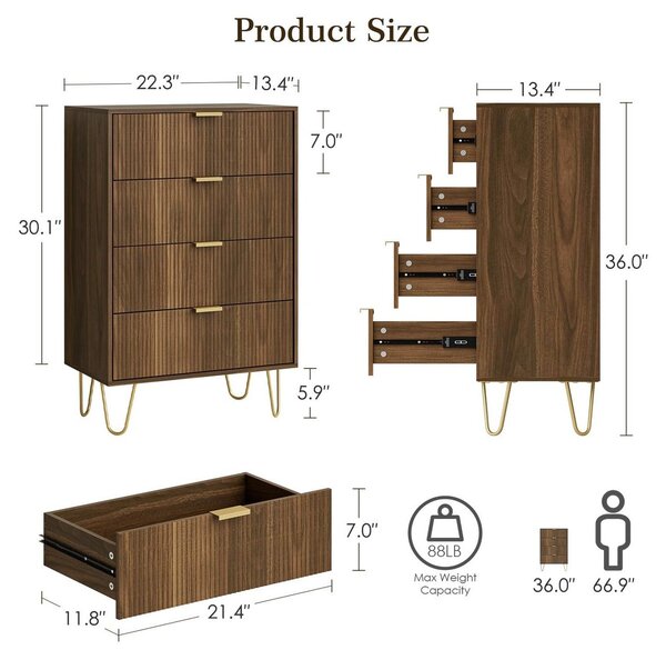 Komoda se 4 zásuvkami Ořech Zlaté nohy - 34 x 60 x 91 cm - Zlaté úchyty - Do ložnice a obývacího pokoje