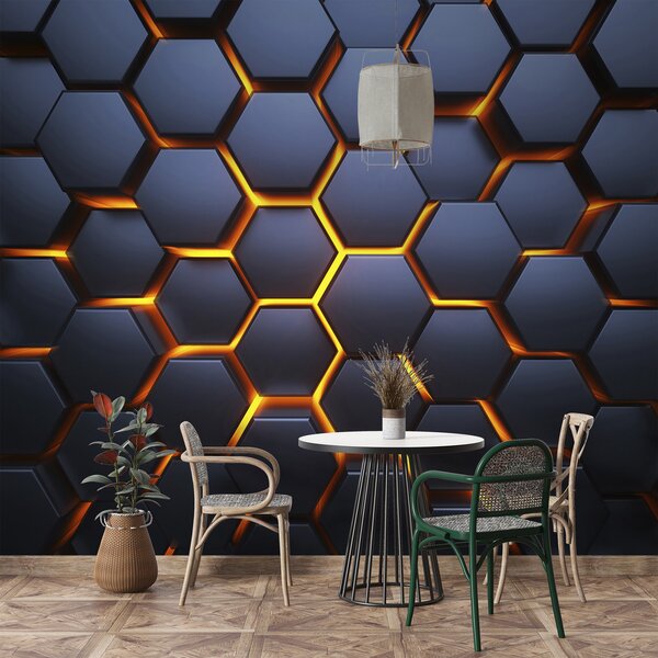 Fototapeta Černé šestiúhelníky s oranžovými světly, Geometrické 3D fototapety, Populární fototapety, u93570 - Tapeko.co.cz