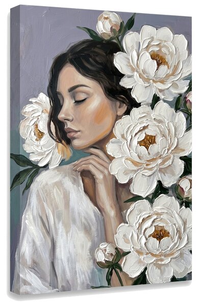 Obraz ženy s bílými květy na plátně – s ručně malovanými detaily - 40x60 cm