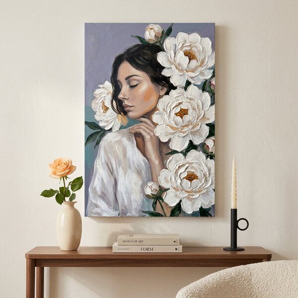 Obraz ženy s bílými květy na plátně – s ručně malovanými detaily - 40x60 cm