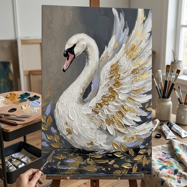 Obraz bílé labutě na plátně – s ručně malovanými detaily - 40x60 cm