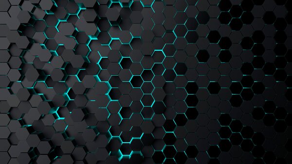 Fototapeta Černé šestiúhelníky s modrými světly, Geometrické 3D fototapety, Populární fototapety, u93618 - Tapeko.co.cz