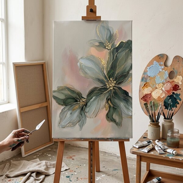 Obraz abstraktní květinové kompozice na plátně – s ručně malovanými detaily - 40x60 cm