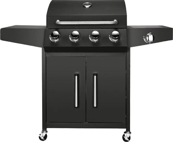 BBQ 5-v-1 plynový gril – erný – 4+1 hoák vetn boního hoáku – teplomr a vanika na zachycení oleje – nerezový gril pro zahradu, terasu a balkon
