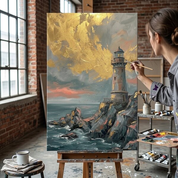 Obraz majáku na rozbouřeném moři na plátně – s ručně malovanými detaily - 40x60 cm