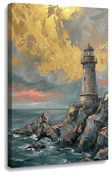 Obraz majáku na rozbouřeném moři na plátně – s ručně malovanými detaily - 40x60 cm