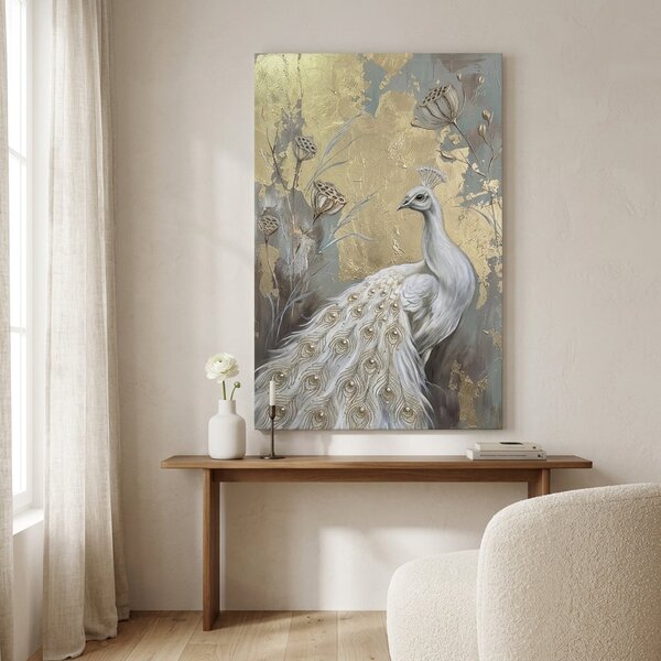 Obraz bílého páva na plátně – s ručně malovanými detaily - 40x60 cm