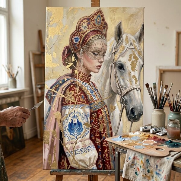 Obraz ženy s koněm a maskou na plátně – s ručně malovanými detaily - 40x60 cm