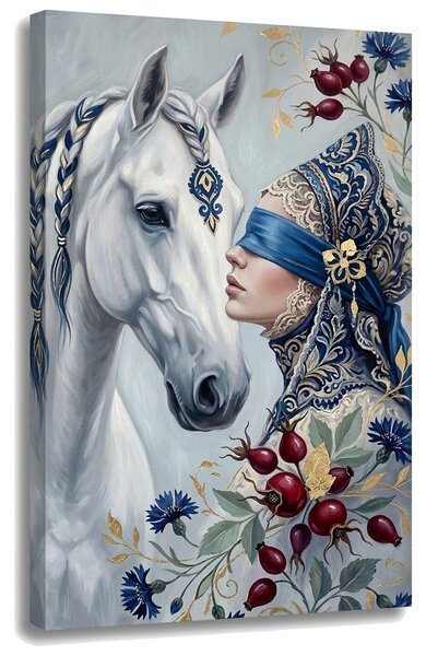 Obraz ženy s bílým koněm na plátně – s ručně malovanými detaily - 40x60 cm