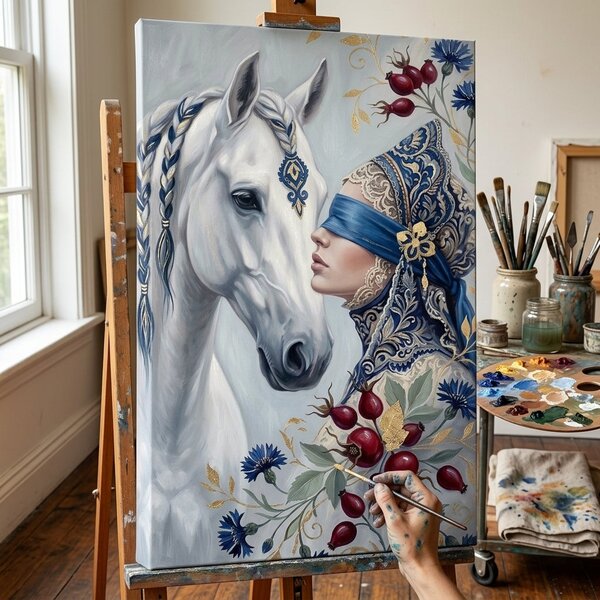 Obraz ženy s bílým koněm na plátně – s ručně malovanými detaily - 40x60 cm