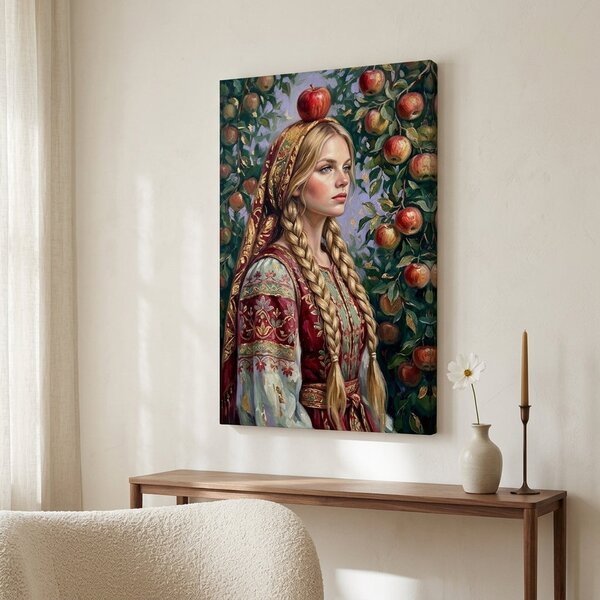 Obraz ženy v kroji s jablkem na plátně – s ručně malovanými detaily - 40x60 cm