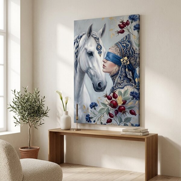 Obraz ženy s bílým koněm na plátně – s ručně malovanými detaily - 40x60 cm