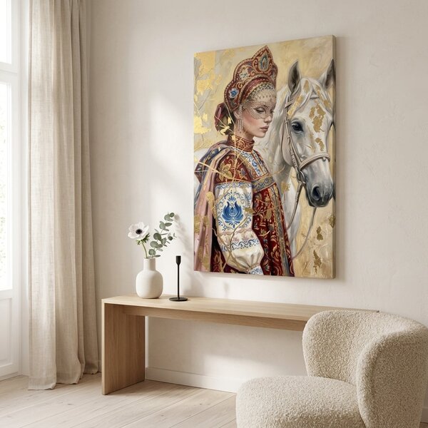 Obraz ženy s koněm a maskou na plátně – s ručně malovanými detaily - 40x60 cm